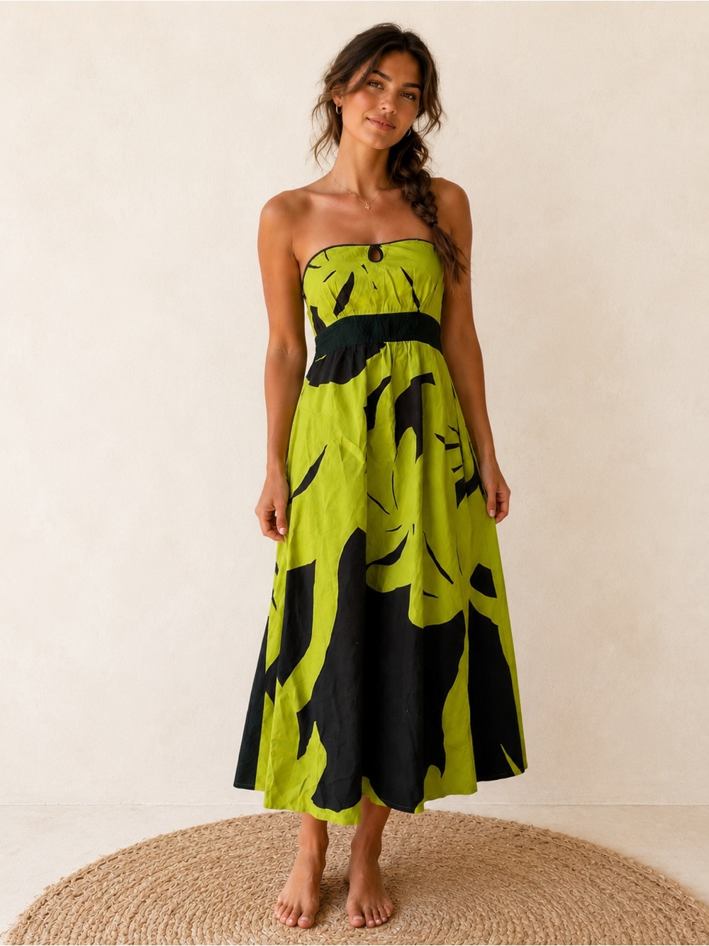 Marimekko for Anthropologie Rustling Treetops Green & Black Strapless Midi, SZ 0